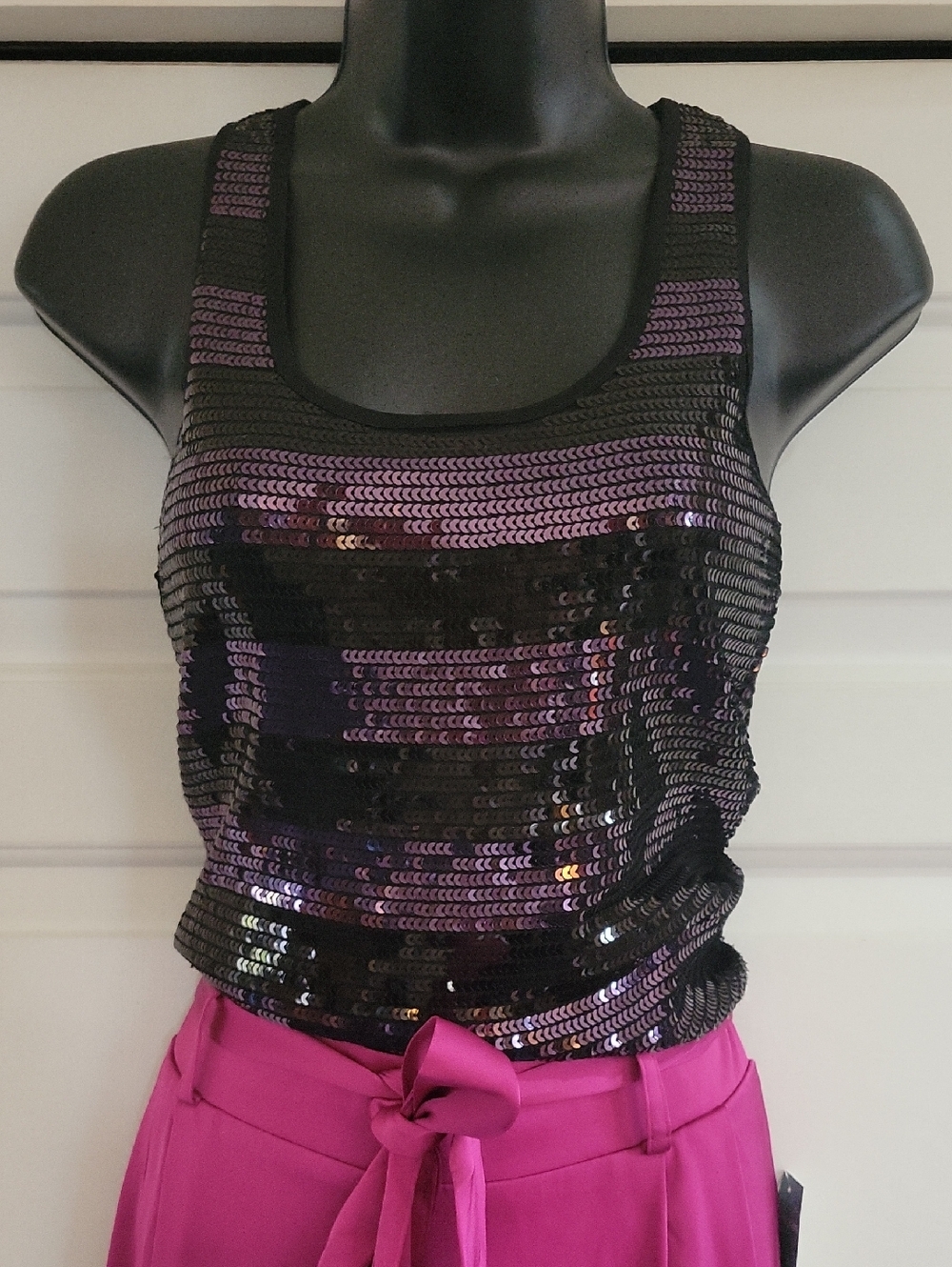 Forever 21 Sequin Tank Top Small | Black Purple Stripe Sparkly Party Club Top